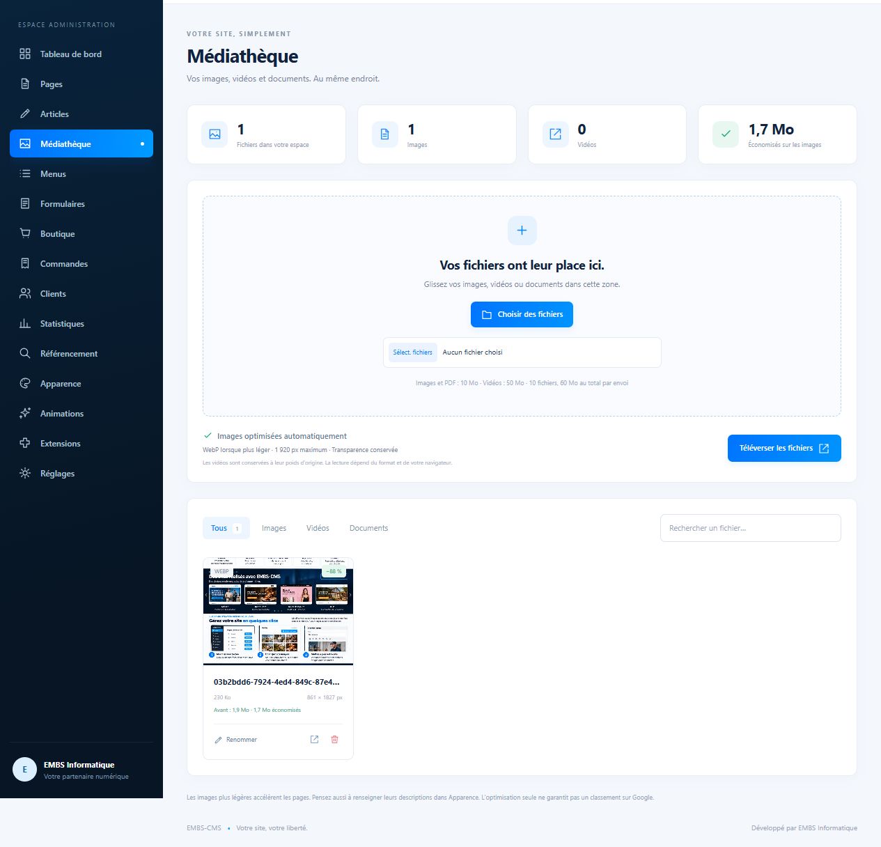 Zone de téléversement de la médiathèque EMBS-CMS
