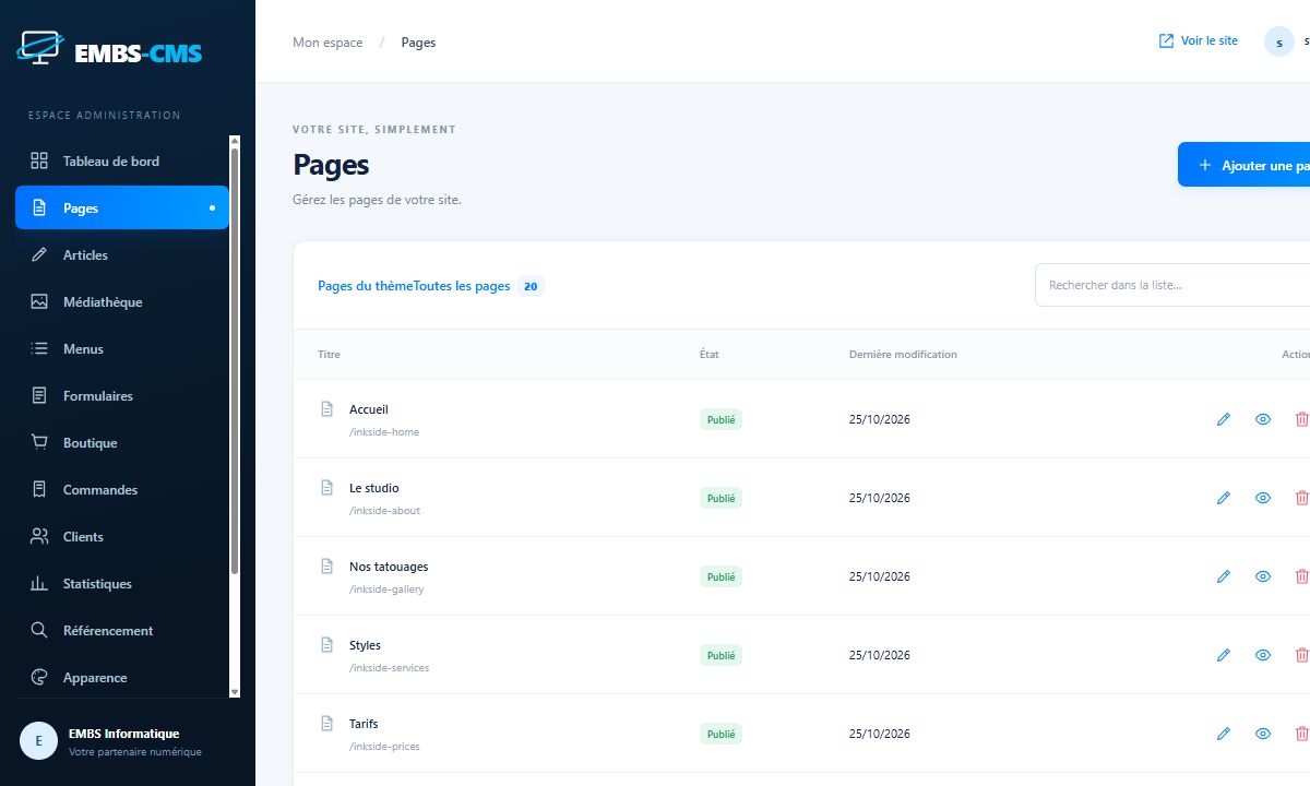 Capture réelle de la gestion des pages dans EMBS-CMS